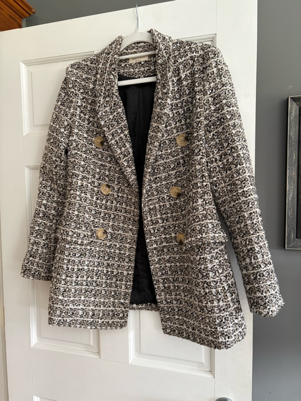 Double-Breasted Tweed Blazer Jacket in Black & White